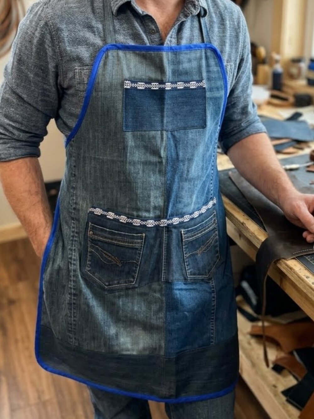 Handmade Upcycling Patchwork Jeans Apron Boho Reclaimed Denim Pockets Chef